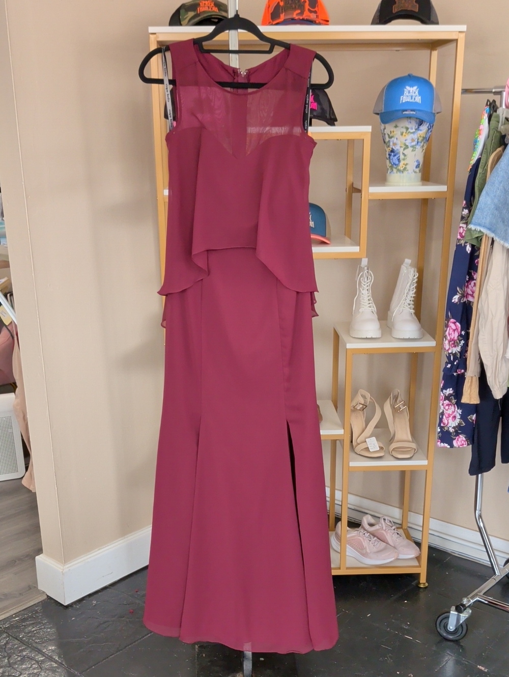 Alfred Angelo Sleeveless Maxi Dress in Wine Berry with Sheer Yoke